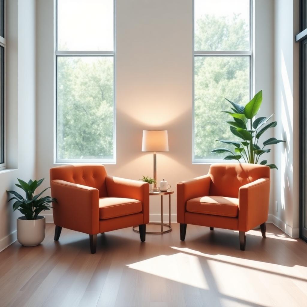 Modern private practice therapy office interior with warm armchairs and natural light