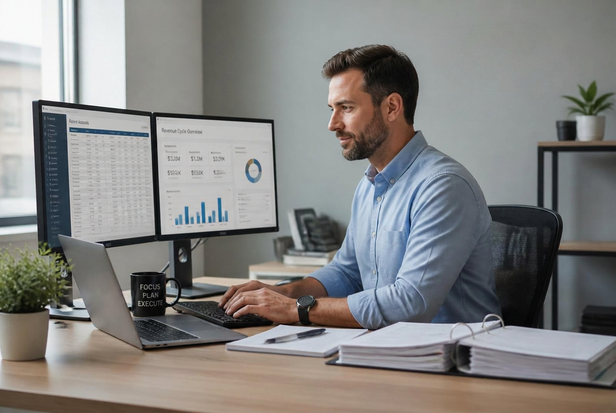 Professional male billing specialist reviewing claims at an organized desk with dual monitors